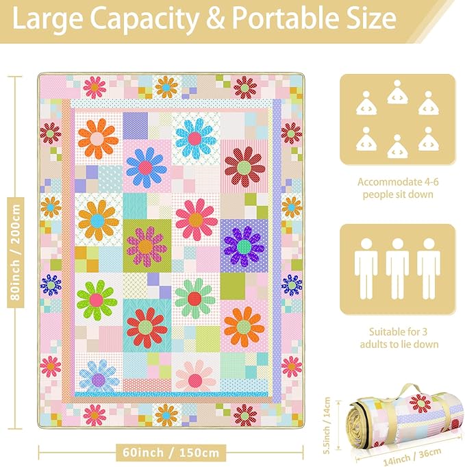 Daisy Picnic Blankets Waterproof Foldable 60″X80″ Packable Picnic Mat Sunflower Outdoor Blanket for Grass Large Beach Blanket Sandproof Picnic Accessories for Camping Music Festival Park Lawn Travel
