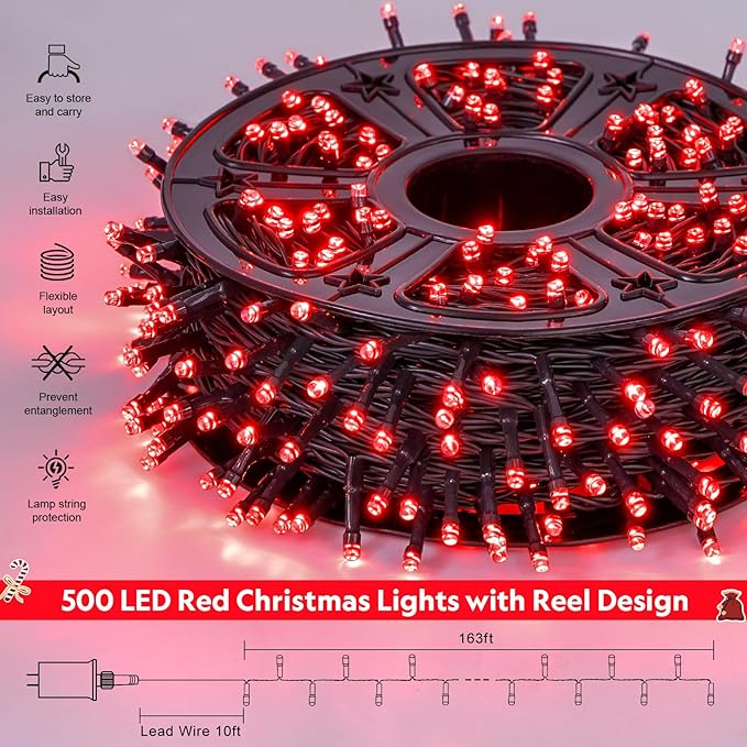JMEXSUSS 500 LED Red Christmas Lights Outdoor 173ft Christmas Lights Plug in Waterproof 8 Modes Red String Light for Tree Party Xmas Holiday Decorations