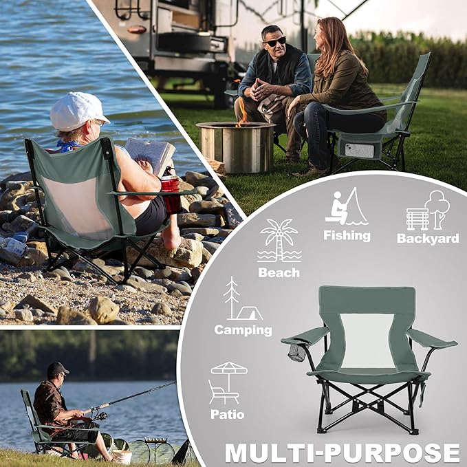 Joyfair Beach Camping Chair (2 Pack) Outdoor Folding Lawn Chair for Adults Heavy Duty Portable Chair with Armrest for Outside Fishing Sport Patio Cup Holder &amp Storage Pocket Carry Bag (Grey)
