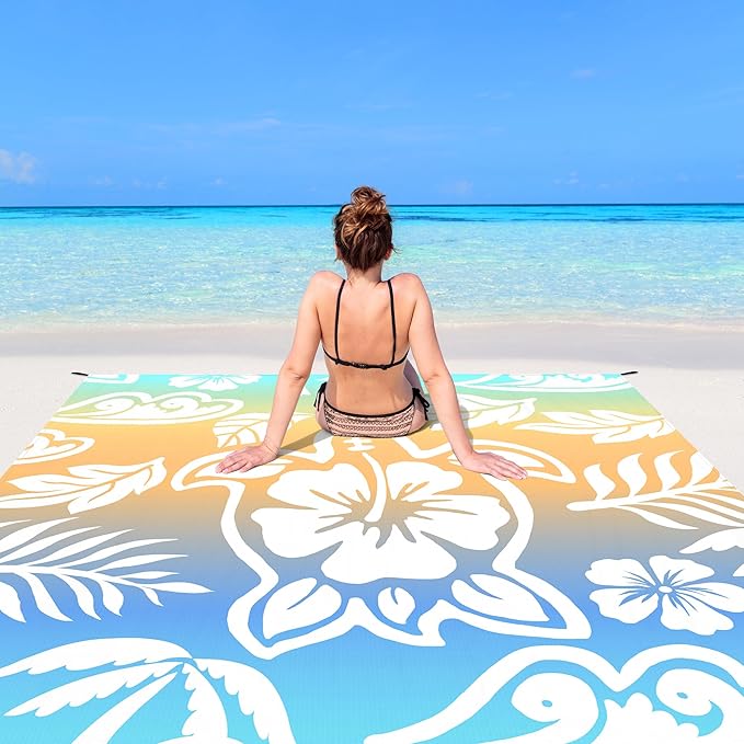 Shedoo Beach Blanket 78''×86'' Large Waterproof Sandproof Beach Mat for 2-4 Adults Lightweight Compact Sand Free Outdoor Picnic Blanket with 4 Stakes &amp 4 Corner Pockets