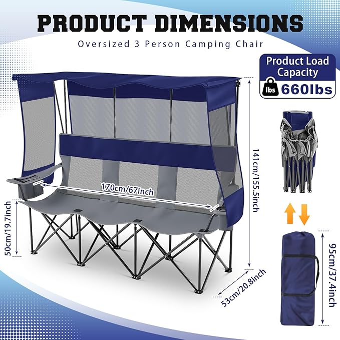 3 Person Camping Chair with Canopy Shade Oversized Folding Beach Couch Style Camping Sofa Portable Outdoor Lawn Seat Tailgate Chair with Umbrella for Beach Sport Sideline Backyard Festival