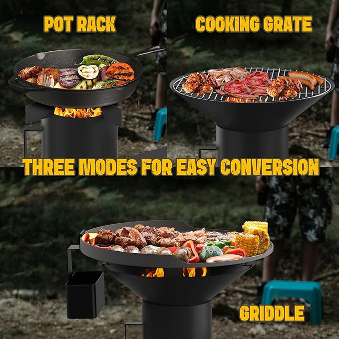 3-in-1 Camp Rocket Stove Kit with BBQ Grate Griddle Pot Rack Portable Wood Burning Stove with Detachable Stand Camping Gear for Outdoor Cooking Patio Barbecue RV Tailgating GS345