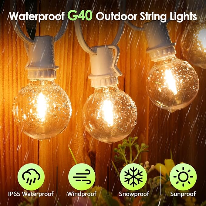 Mlambert 48Ft Solar String Lights Outdoor Waterproof Patio Lights with 18 Shatterproof G40 Bulbs(1 Spare) Led Light for Backyard-White Wire