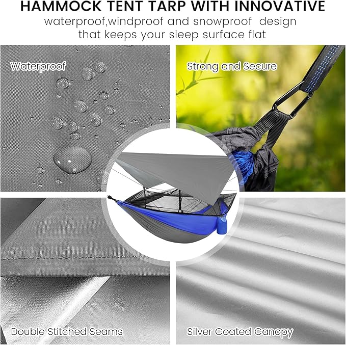 Camping Hammock with Mosquito Net &amp Rain Fly Tent Tarp &amp Tree Straps Portable Strong Nylon Hammock Parachute Tent w/Storage Bag for Camping Hiking Backyard Outdoor Backpacking Travel