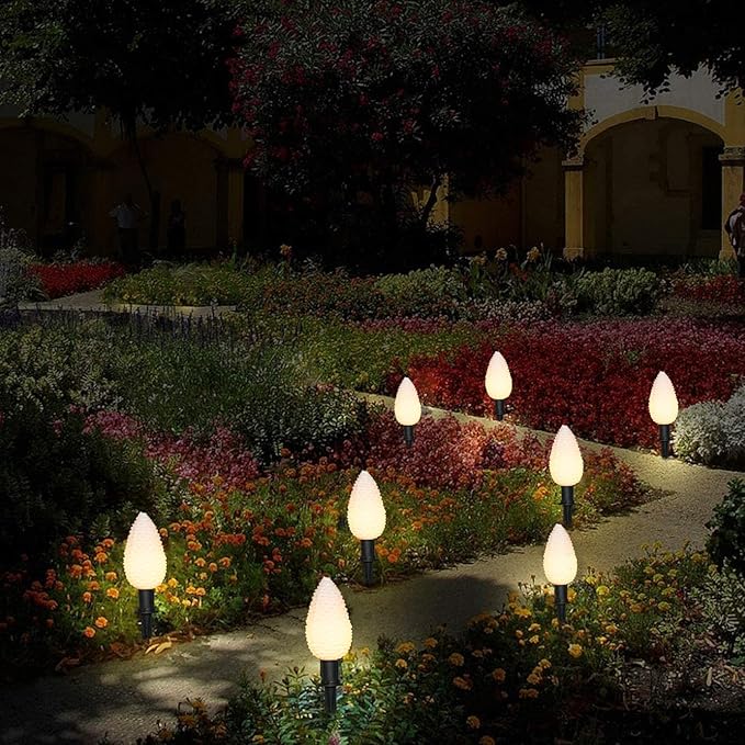 Abeja C9 Christmas Pathway String Lights 14Ft LED Pinecone Pathway Stakes with 8 Pine Cone Lights Christmas Lights Outdoor Yard Decorations for Walkway &amp Driveway Use-2 Sets