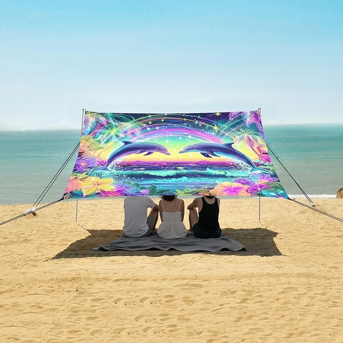 ALAZA Dolphin Tropical Summer Beach Tent Sun Shelter UPF50+ Protection Beach Shade Canopy w/ 4 Sandbags for Outdoor Camping Fishing Backyard Fun Picnic 10x9 ft