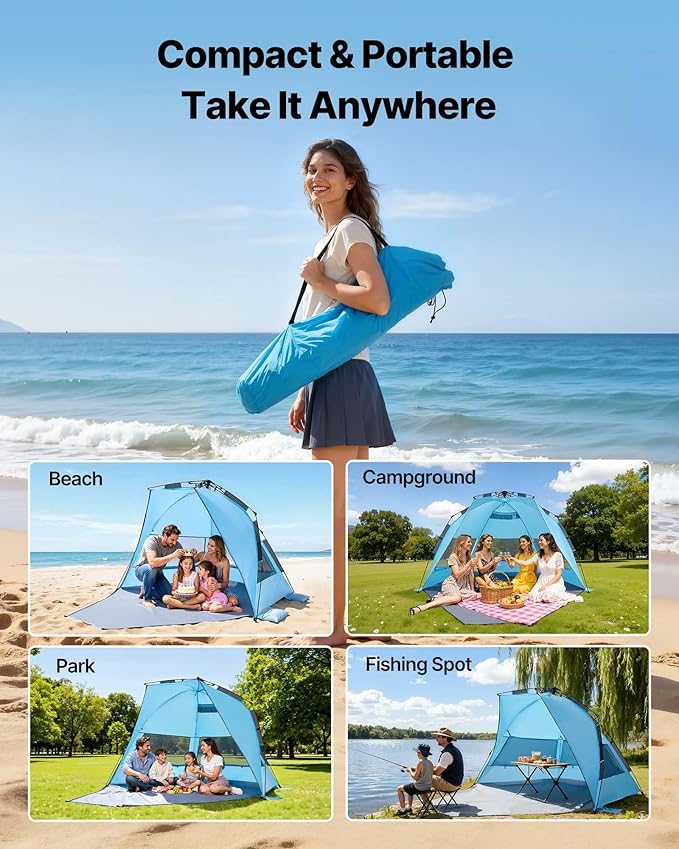 VEVOR Beach Tent Sun Shelter for 4 Person Pop Up Beach Tent UPF 50+ Portable Sun Shade Beach with Carrying Bag and Sand Pockets Easy Setup Umbrella for Camping Fishing Outdoor Picnic