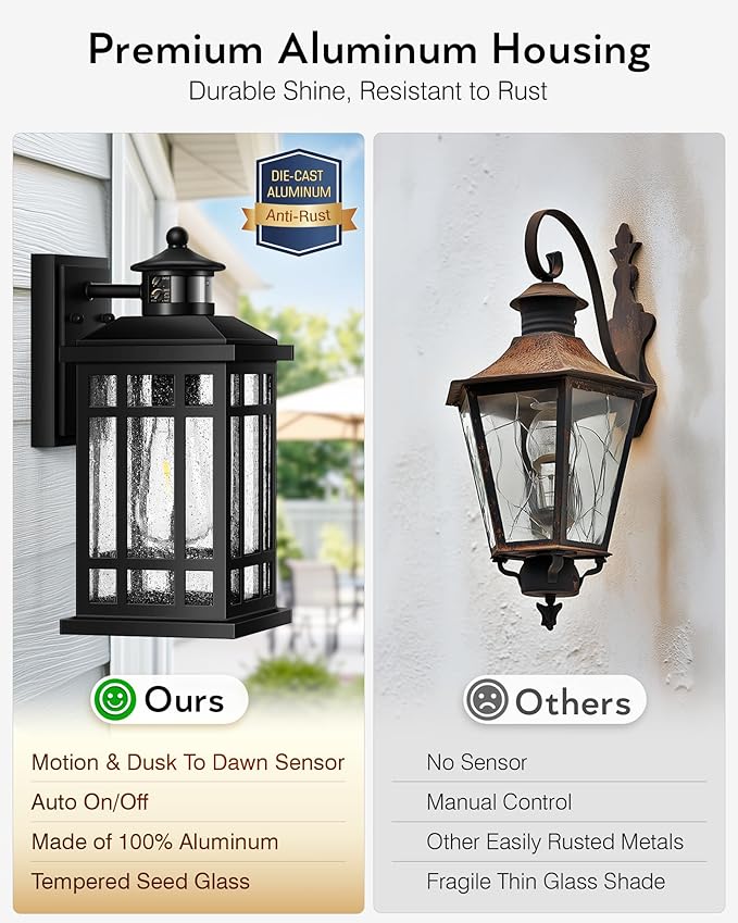 Motion Sensor Outdoor Light Adjustable Sensing Range 2 Pack Black Dusk to Dawn Exterior Lighting Fixtures with Seed Glass Aluminum Anti-Rust Outside Lights for House Garage Doorway Garden