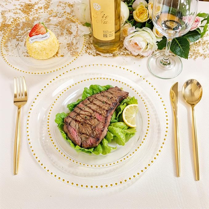 Rubtlamp 60Pcs Clear Gold Plastic Plates Clear Disposable Plates With Gold Beaded Heavyduty Plastic Plates Include 30 Dessert Platos 30 Dinner Platos for Wedding Party