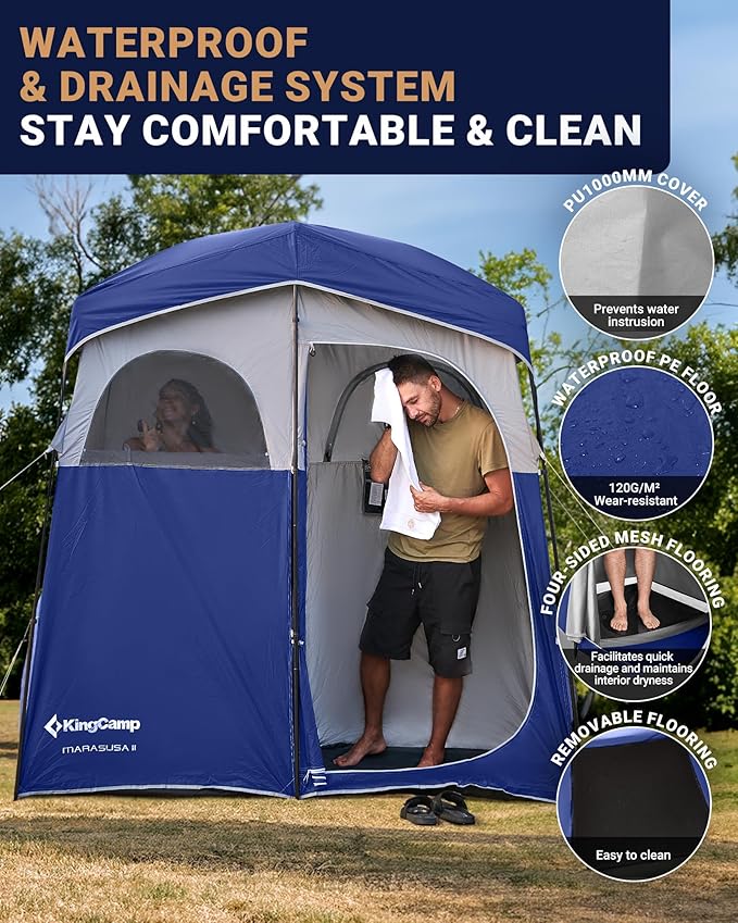 KingCamp Camping Shower Tent Portable Outdoor Privacy Toilet &amp Changing Tent Windproof &amp Waterproof Easy Setup 1 or 2 Room Shelter with Shower Bag for Camping Hiking Beach