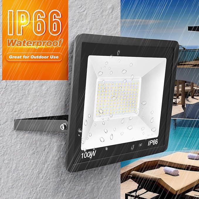 100W LED Flood Light Outdoor 2Pack 10000LM Super Bright IP66 Waterproof Outside Work Lights 6500K Daylight White Security Lights Plug in Flood Light for Yard Garage Garden Patio