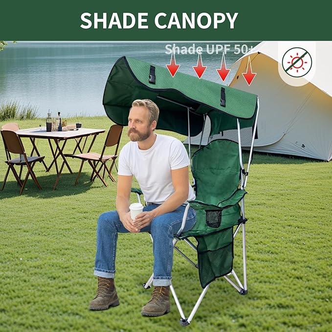 Portable Camping Chair with Canopy Shade - Folding Lounge Chair with Cup Holder &amp Side Pocket for Outdoor Camping Fishing Beach - Support 330 LBS - Green - 2 Pack