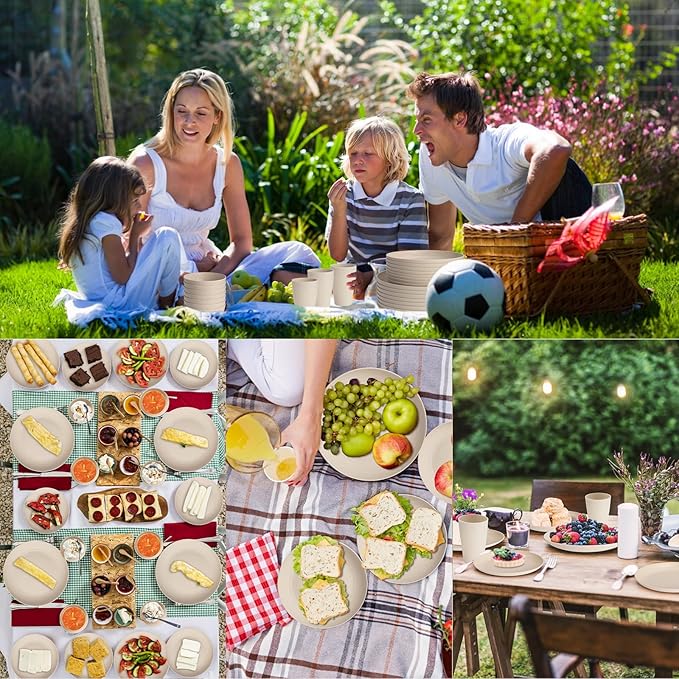 Cream Plastic Plates and Bowls Sets Dishwasher and Microwave Safe Wheat Straw Dinnerware Sets for 8Reusable Plastic Dishes Set Lightweight Unbreakable for Kitchen Camping Outdoor RV 32 Pcs