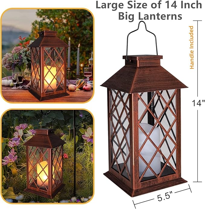 [2 Pack] TAKE ME 14 Solar Lantern Outdoor Garden Hanging Lantern Waterproof LED Flickering Flameless Candle Mission Lights for TableOutdoorChristmas Gifts Mom Wife