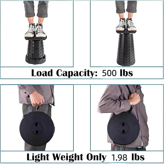 Upgraded Collapsible Stool Max 500lb Load Capacity Lightweight But Sturdy Portable Retractable Folding Telescoping Foldable Camping Stool for Adults Outdoor Fishing Hiking Travel BBQ