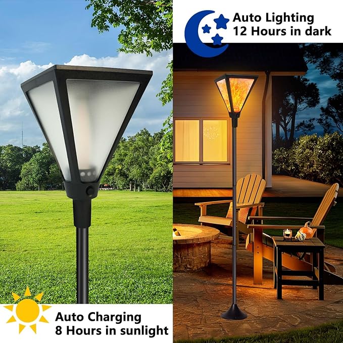Upgraded Extra-Tall Solar Lights Outdoor 2 Pack Flickering Flame Solar Torch Lights with 61Tall &amp Super Larger Size Solar Flame Lights Waterproof Tiki Torches for Outside Garden Patio Yard Path