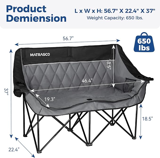 Oversized Double Camping Chair Quilted Diamond-Stitch Padded Seat Dual Cup &amp Wine Glass Holders Heavy-Duty Folding Loveseat for Outdoor Camping Beach &amp Backyard(Black)