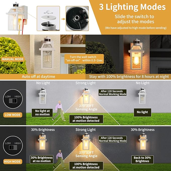 Yisuro Porch Lights with GFCI Outlet Dusk to Dawn Motion Sensor Outdoor 3 Lighting Modes Exterior Light Fixture Outside for House Front Door Patio Garage(White)