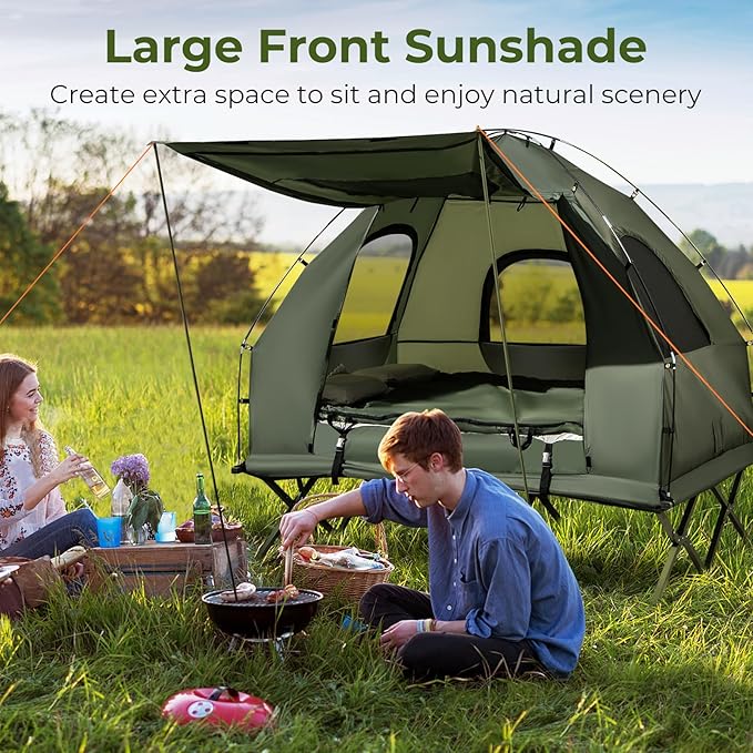 GYMAX Tent Cot 5-in-1 Folding Camping Cot with Mattress &amp Pillows Sleeping Bags Sunshade Camping Tent Elevated with Carrying Bag for Outdoor Hiking Fishing Picnic