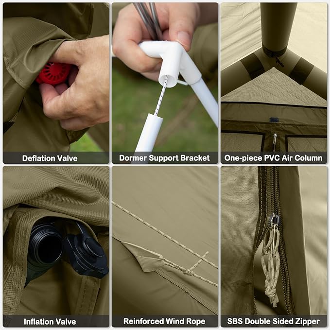 Inflatable Tents with Hand Pump Hot Tent with Stove Jack Easy Blow Up Glamping Tent with Mesh Windows 4-6 Person Instant Family Camping Tents Waterproof for 4 Seasons