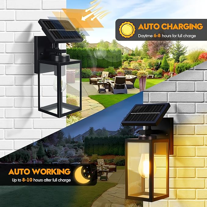 2Pack Solar Wall Lights Outdoor All-Metal Dusk to Dawn Solar Lanterns Outdoor Waterproof Porch Lights for House Front Garage Patio Shed (Bulb Included)