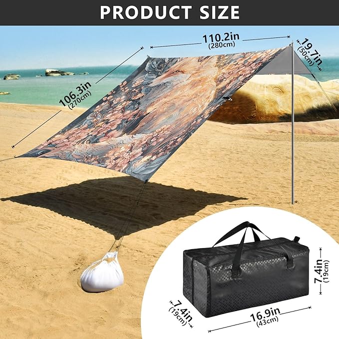 ALAZA Fox Cherry Blossom Beach Tent Sun Shelter UPF50+ Protection Beach Shade Canopy w/ 4 Sandbags for Outdoor Camping Fishing Backyard Fun Picnic 10x9 ft