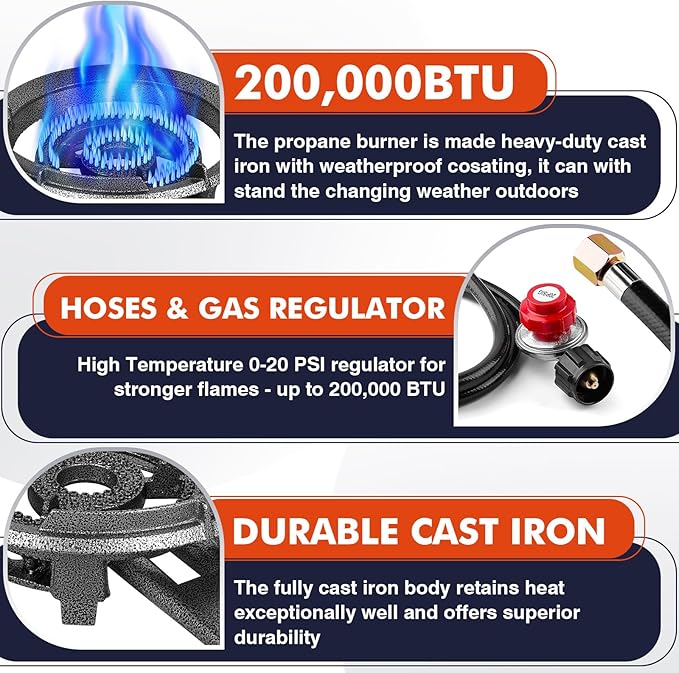 Llamaviva 90000 BTU Portable Propane Burner Stove Cast Iron Single Burner for Outdoor Wok Cooking 0-20 PSI Adjustable Regulator &amp 4 ft Hose - Lightweight &amp Easy to Carry for Camping