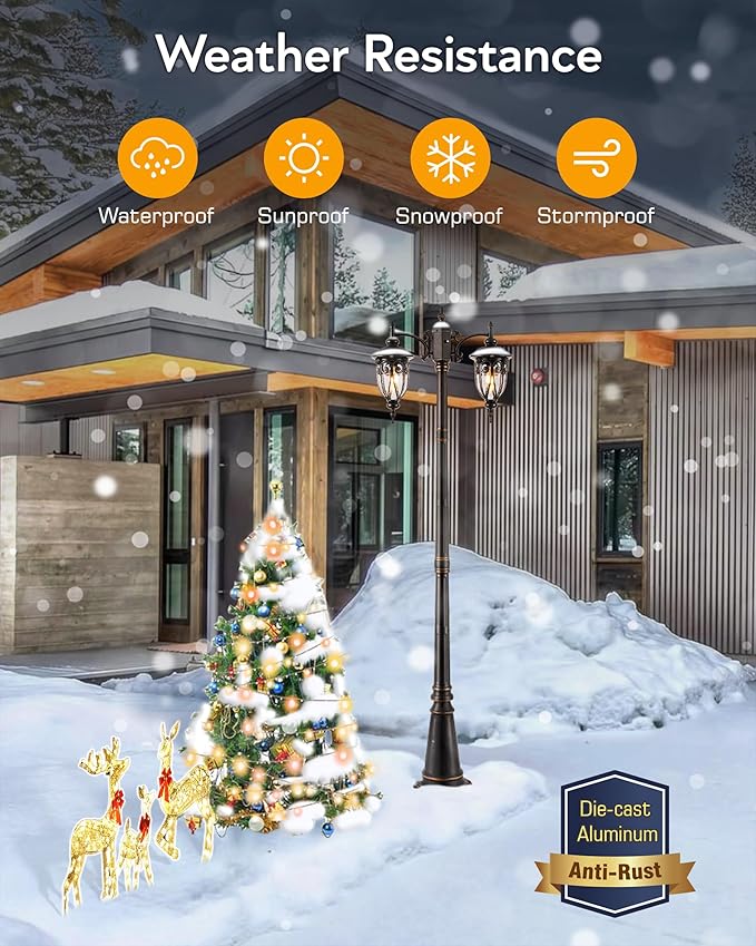 VIANIS 2-Head Outdoor Lamp Post Light Dusk to Dawn Post Lamps Outside Waterproof Seed Glass Lamp Posts Outdoor Lighting Anti-Rust Bronze Light Posts for Outside Garden Yard Doorway Hardwired