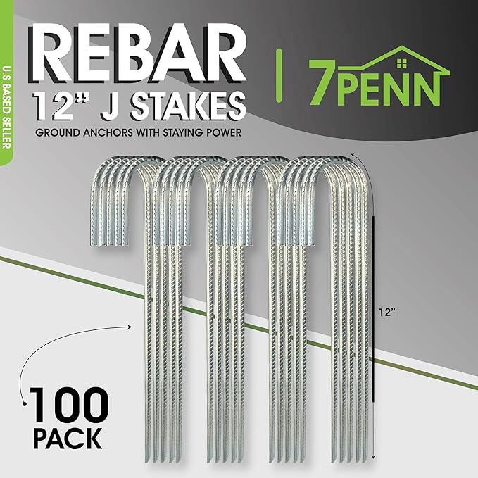 7Penn Rebar Stakes 12 Inch - 100 Pack J Shaped Rebar Stakes for Chain Link Fence - 1/4in Heavy Duty Steel Ground Anchors for Trampolines and Sports Nets - Event Tent Ground Anchor Bulk Pack