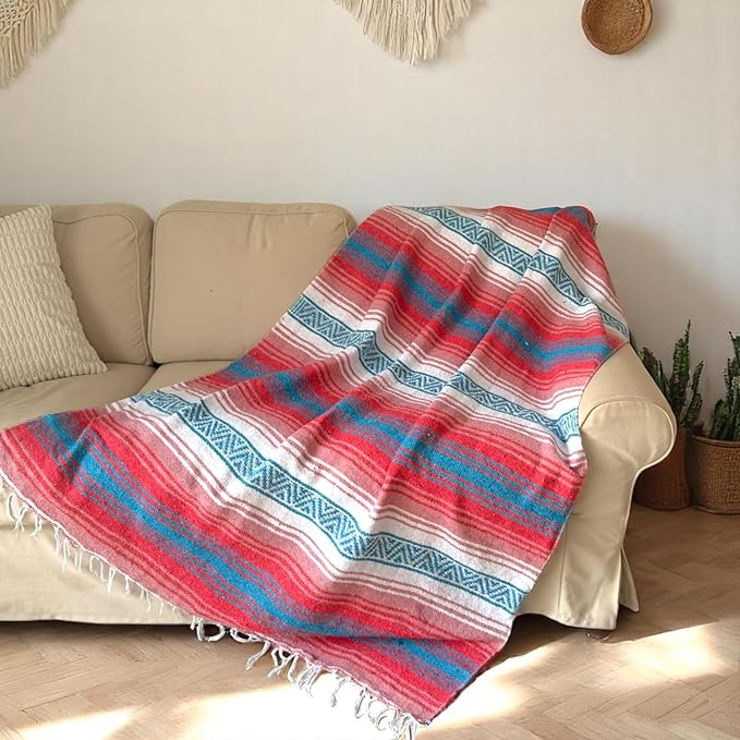Authentic Handwoven Mexican Blanket Falsa Serape - Soft &amp Durable - Vibrant Beach Picnic Yoga &amp Camping Mat - Traditional Boho Throw - Outdoor Blanket 70x50 (Flame)