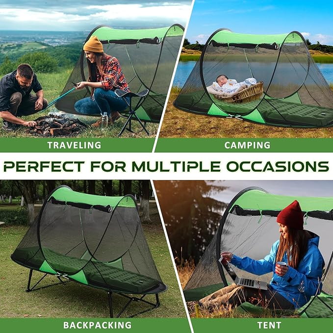 Pop up Mosquito Net Tent and Sleeping Pad for Camping One Person Instant Pop up Screen Tent Thick 5 Inch Portable with Pillow for Outdoor Summer Camp Bed Camping Cot