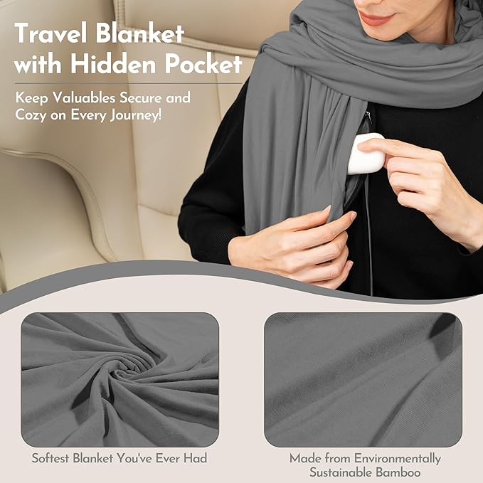 16-in-1 Compact Travel Blanket with Bag – Reversible Ultra Soft Bamboo Airplane Blanket with Hidden Pocket – Packable for Flights &amp Travel Essentials (Semi-Weighted Double Layer)