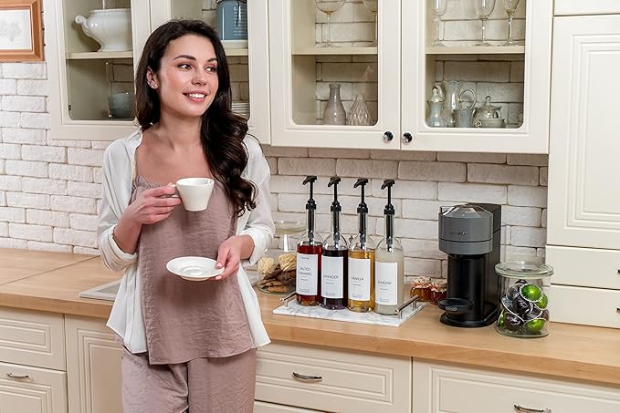 Demi's Home 25.4 oz 750 ml Glass Coffee Syrup Dispenser for Coffee Bar - 4 Pack - Comprehensive Label Set &amp ¼ oz Pumps Included