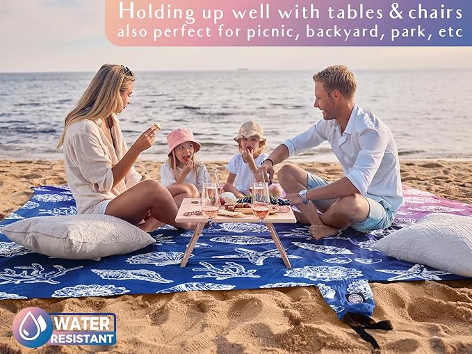WEKAPO Beach Blanket Waterproof Sandproof &amp Sand-Free Beach Mat with Stakes &amp Built-in Storage Bag – Oversized Extra Large Perfect for Outdoor (Deep Blue Sea Shells 8 X 7 FT (1~4 Person))