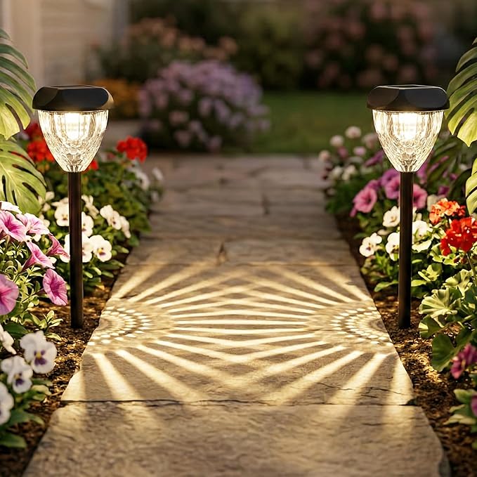 Ensenior Solar Pathway Lights Outdoor - 14.17 Height 3000K LED Landscape Garden Lights IP65 Waterproof Tool-Free Auto ON/Off for Garden Yard Patio Walkway Landscape 16-Pack