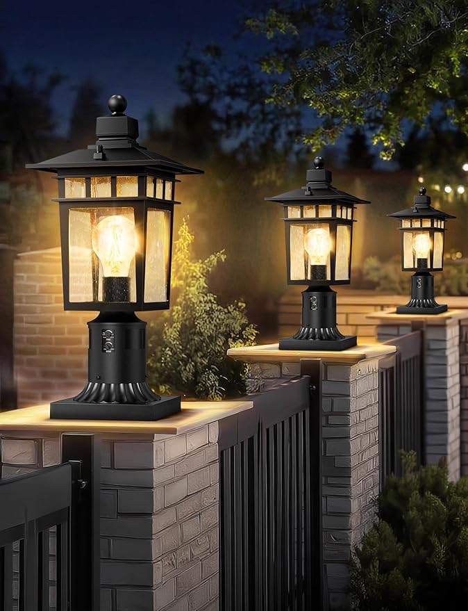 360° Motion Sensor Outdoor Post Lights 4 Lighting Modes Lamp Post Light Fixture Dusk to Dawn Waterproof Aluminum Black Pole Light Post Outdoor Lighting for Outside Garden Fence YardHard Wired