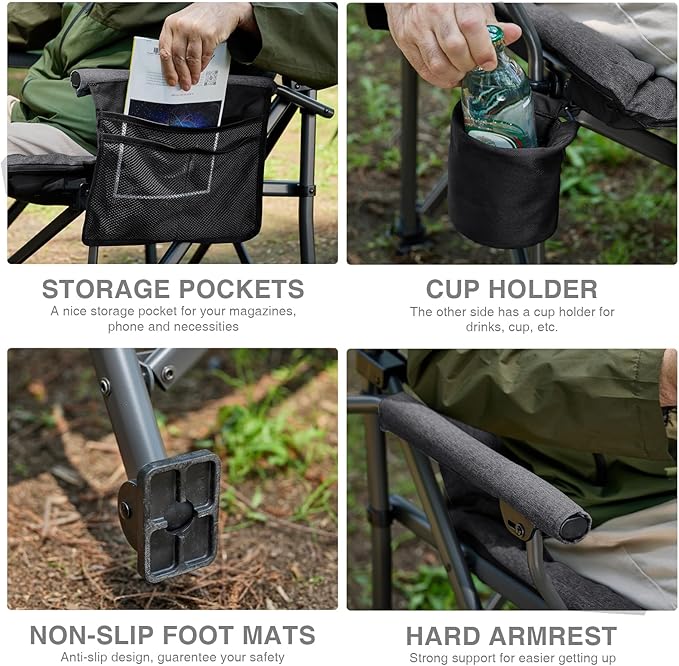 EVER ADVANCED Padded Oversized Folding Camping Chair for Adults Heavy Duty Lawn Chair with Side Pockets Portable Collapsible Quad Chair for Outside Support Up to 500lbs Black