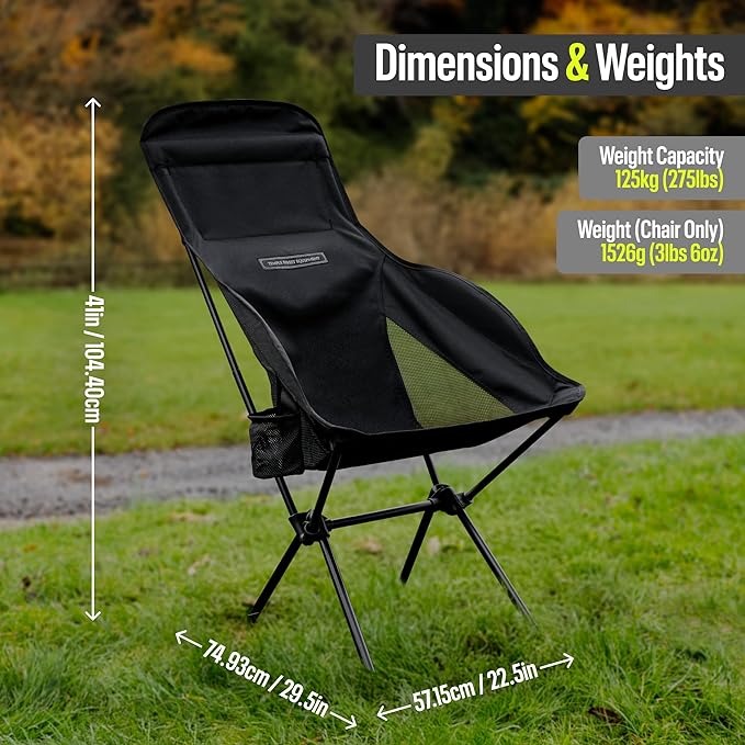TSE HC100 Camping Chair 3.36lbs Lightweight Folding Chair with Cup Holder Portable and Easy to Carry for Camping Beach Hiking Urbain Festival or Garden (Black)
