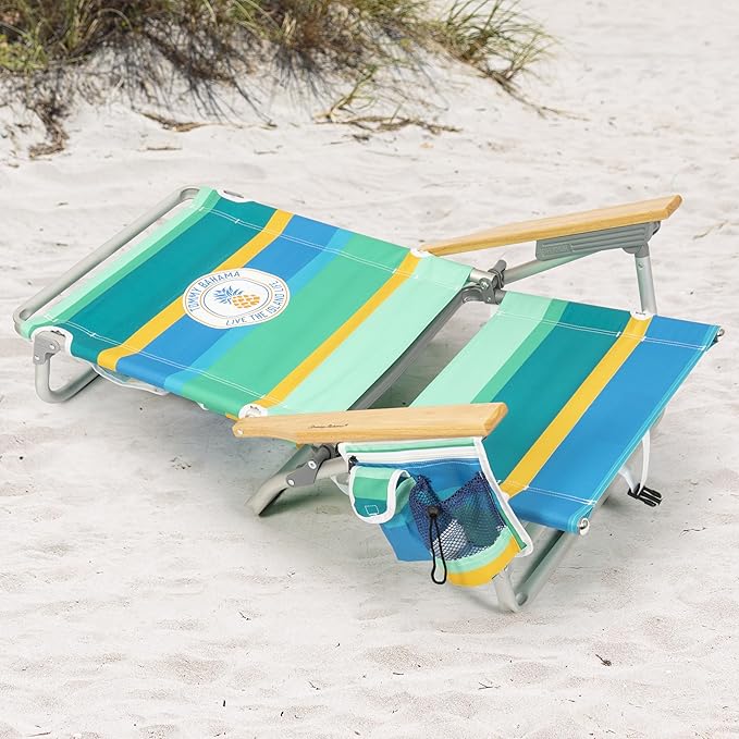 Tommy Bahama 5-Position Classic Lay Flat Backpack Beach Chair with Cooler and Cup Holder Portable Folding Beach Chair for Tanning Pineapple Stripe