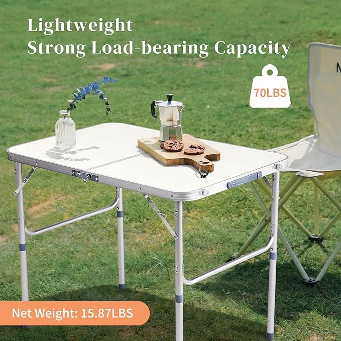 3FT Folding Camping Table with Adjustable Height Legs Indoor Outdoor Lightweight Portable Aluminum Dining Pinic Table (White)