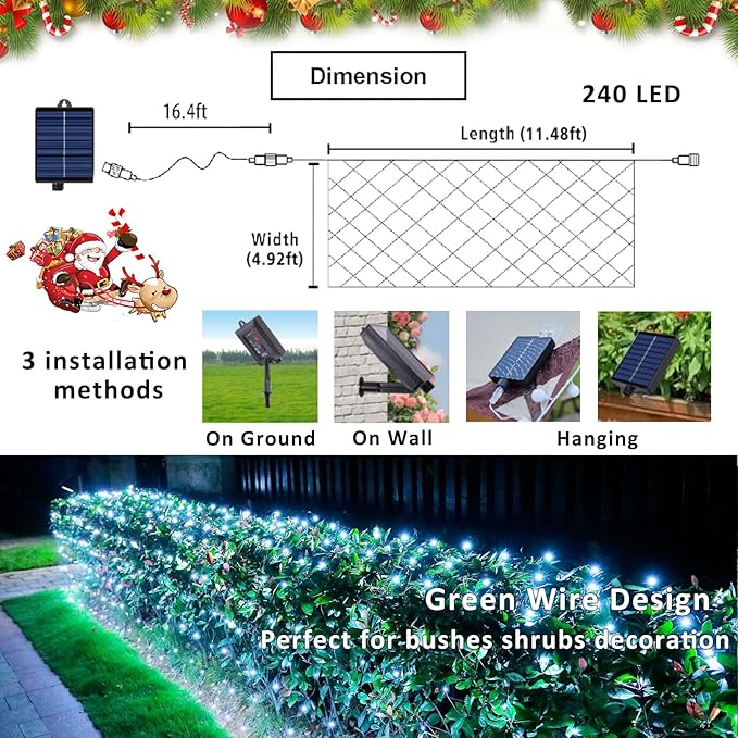 11.5FT x 5FT Solar Christmas Net Lights Outdoor with Remote 240 LED USB Cool White Mesh Lights for Bushes Waterproof 8 Modes Green Wire Christmas Trees Light Patio Indoor Decor
