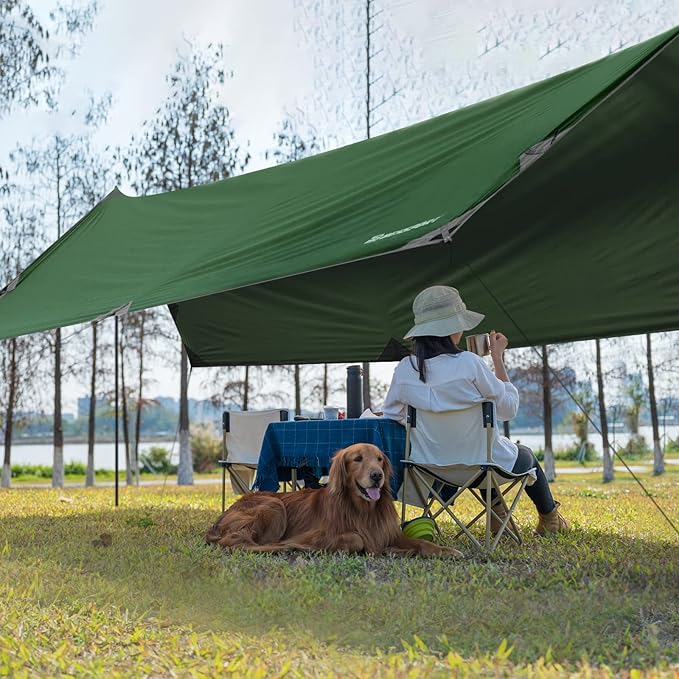 Bessport Camping Tarp 16×9.8FT with 2 Poles Lightweight Car Awning Sunshade Portable Multifunctional Backpacking PU 3000mm Waterproof Rain Fly Hammock Tarp for OutdoorTraveling Hilking