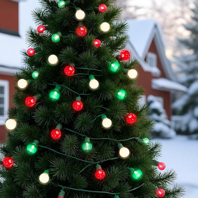 100 LED 50Ft Globe Christmas Lights Outdoor Round G30 Christmas Small Balls Lights Connectable Waterproof for Patio Backyard Eaves Tree Porch Indoor Outdoor (Red Green and White)