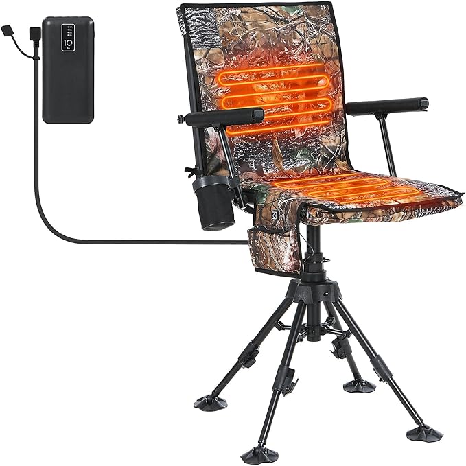 Heated Swivel Hunting Chair with Battery 360 Degree Slience Hunting Blind Chair with Armrest Cup Holder Camouflage Pattern for Deer Bird Hunting (Heated 1 Pack)