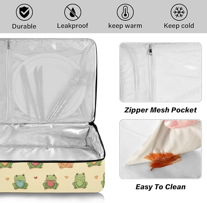 Casserole Carrier Green Frogs Holding Colorful HeartsInsulated Casserole Carrier for Hot or Cold Food Thermal Lunch Tote for Potluck Parties Picnic Beach Fits 9 x 13 Inches Baking Dish