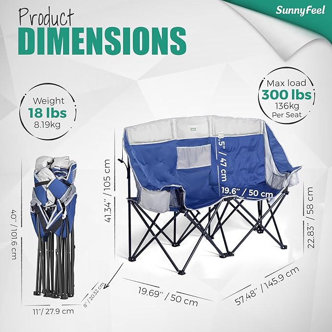 SunnyFeel Double Camping Loveseat Chair Blue-Cooler Foldable Portable Space Saving Side Pocket Cup Holders