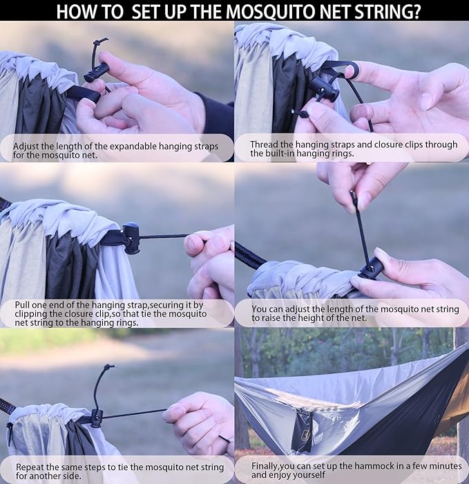 Camping Hammock Portable Hammocks with Mosquito NetLightweight Nylon Parachute Hammock with 10ft Tree StrapsCamping Gear Must Haves for Travel Hiking Backpacking Beach Patio-Black&ampGrey