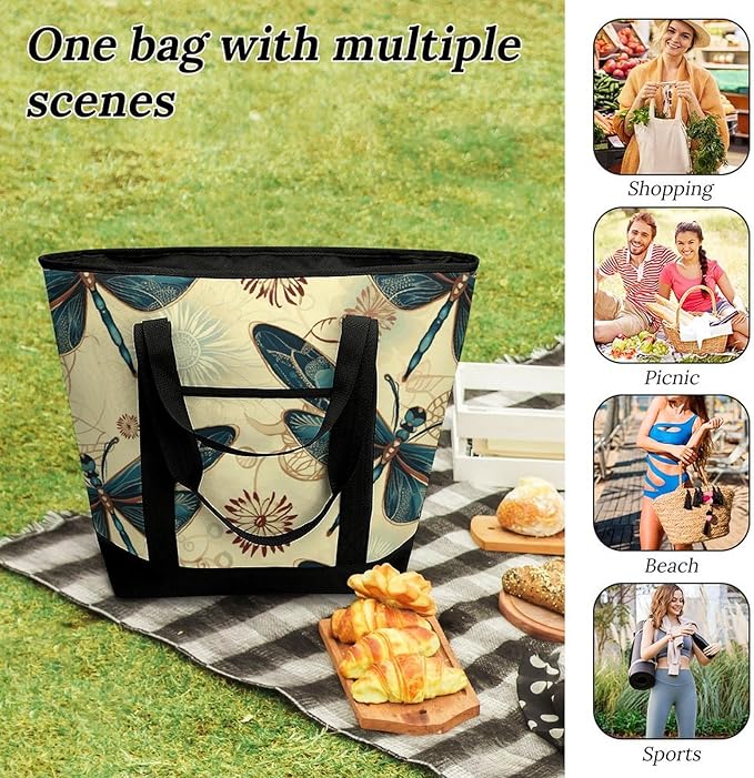 Insulated Shopping BagLarge Reusable Cooler Bags Dragonfly Printed Foldable Shopping BagTravel Waterproof Shoulder Bag