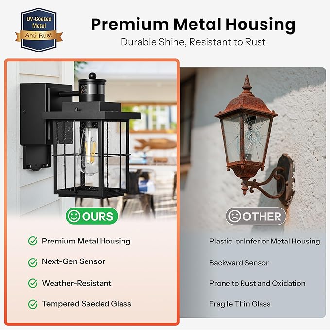 Gleamz Motion Sensor Outdoor Wall Light Black Porch Light with GFCI Outlet Waterproof Outdoor Light Fixture with Outlet Front Door Light with Seeded Glass Exterior Wall Lantern for Garage Patio