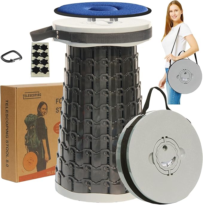 ALEVMOOM 2026 Upgraded XXL 19.7 Collapsible Stool with Cushion 1000lbs Max Weight Heavy Duty Portable Telescoping Stool Retractable Seat Folding Chair for Camping Fishing Hiking(Grey-XXL)